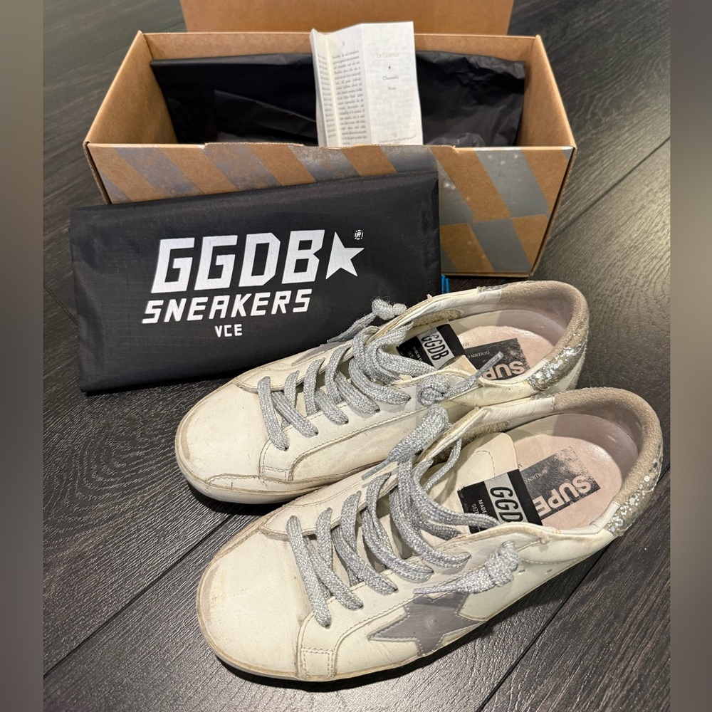 Golden Goose Superstar Sneakers White Silver Glitter Star Size 37